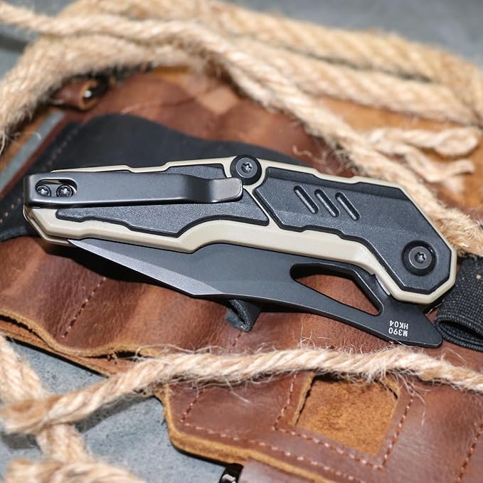 Hightron SPECTRON M390 Fidget Pocket Knife military survival folding front flipper 3.05 Blade with Black&ampKhaki Nylon Fiber Handle EDC gift