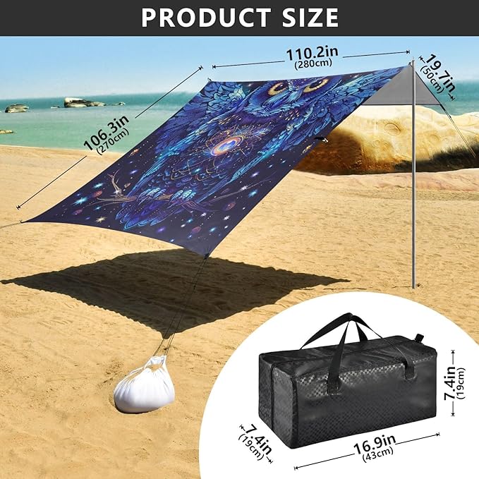 ALAZA Boho Owl on The Tree Beach Tent Sun Shelter Portable Canopy Sunshade for Outdoor Camping Picnics Backyard Fun 10x9 ft