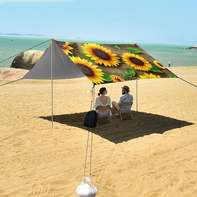 Beach Canopy with Windproof Ropes &amp Sandbags Beach Tent Sun Shade Sun Shelter for Camping Trips Fishing Backyard Fun or Picnics Sunflowers