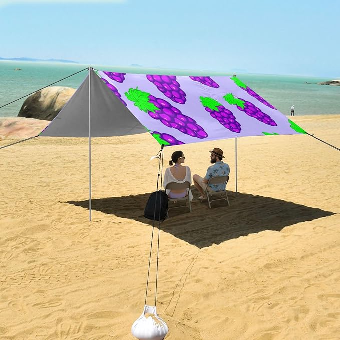xigua Grape Beach Tent Sun Shelter with Carrying Bag - Silver Coated Oxford Fabric Beach Canopy for Beach Camping Fishing - Includes Windproof Ropes Sandbags &amp Stakes