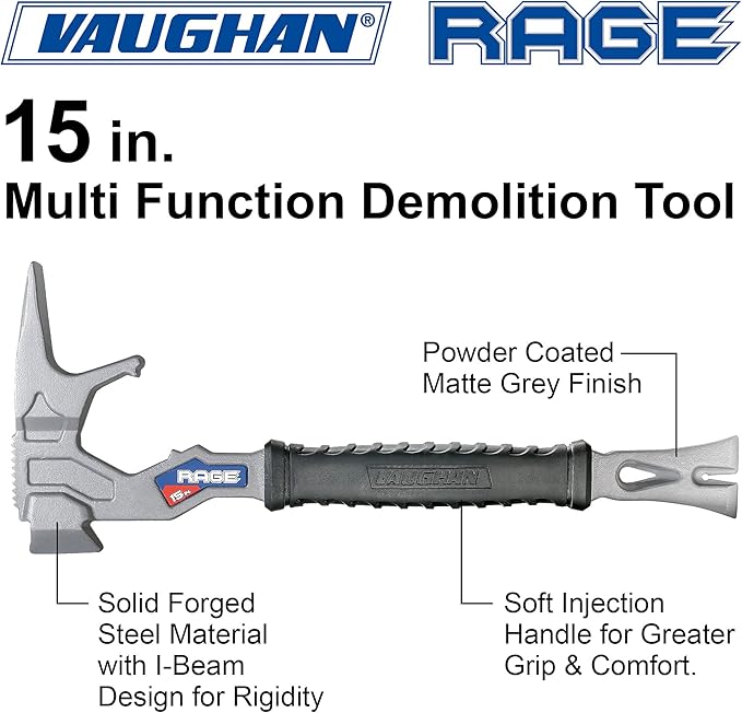 Vaughan 15 Inch Multi-Function Demolition Tool Hammer Nail Puller Multi-Use Heavy Duty Construction DIY Hand Tools - Blue 050042 (Pack of 12)
