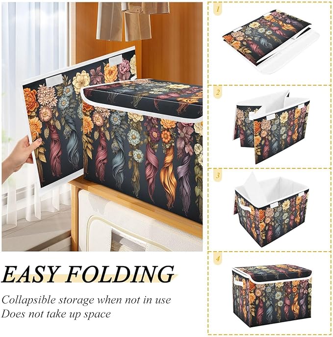 Aesthetic Flowers Storage Cube with Lid Collapsible Fabric Storage Bins Basket with Handle for Home Bedroom Closet Office 16.5×12.6×11.8 in