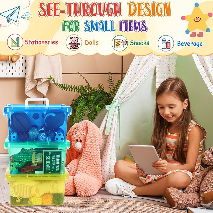 6 Pack 7 Quart Colorful Plastic Storage Bins with Lids Storage Latch Box Stackable and Nestable Clear Toy Storage Organizer Bins with Buckle for Classroom School Kid Room Home(6 Colors)
