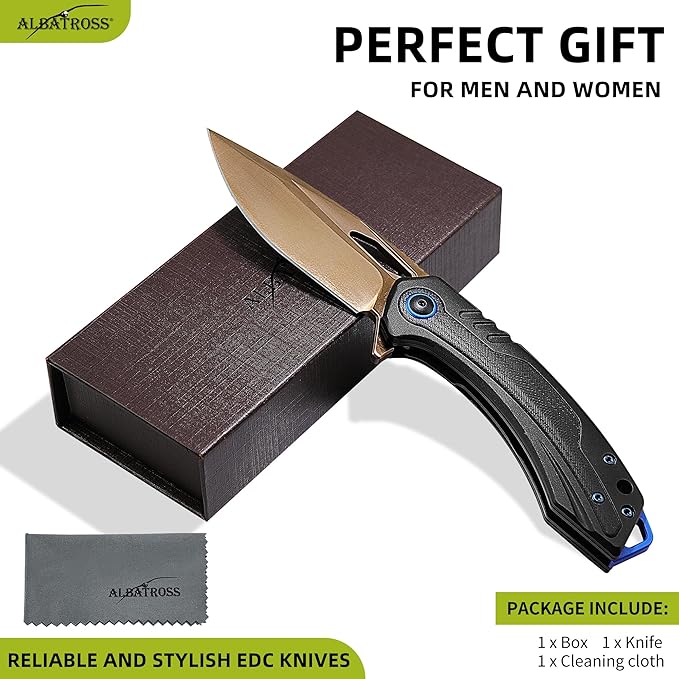 Unique Valentine‘s Gift Gold Blade Pocket Knife 3.3” Gold D2 Steel Black Aluminum &amp G10 Handle Fast-Open Thumb Hole Gift Case