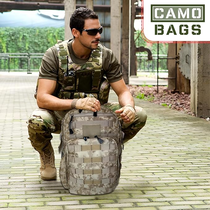 Camo Tactical Daypack Backpack - 1000D Polyester Tactical Backpack with Multi Compartments Air-Mesh Padded Back Side Compression &amp Adjustable Shoulder Straps - Travel Backpack Use for Outdoor &a