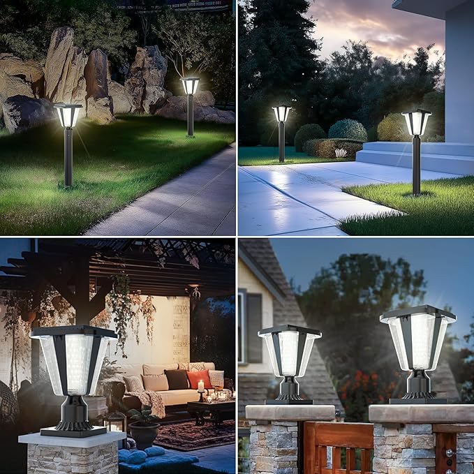 Lovus Solar Post Lights with Pier Mount Base 6000K Cold White Solar Lamp Post Light IP65 Waterproof Dusk to Dawn LED Outdoor Column Lights 400LM Pole Light for Pillar Garden Yard Gate 2 Pack