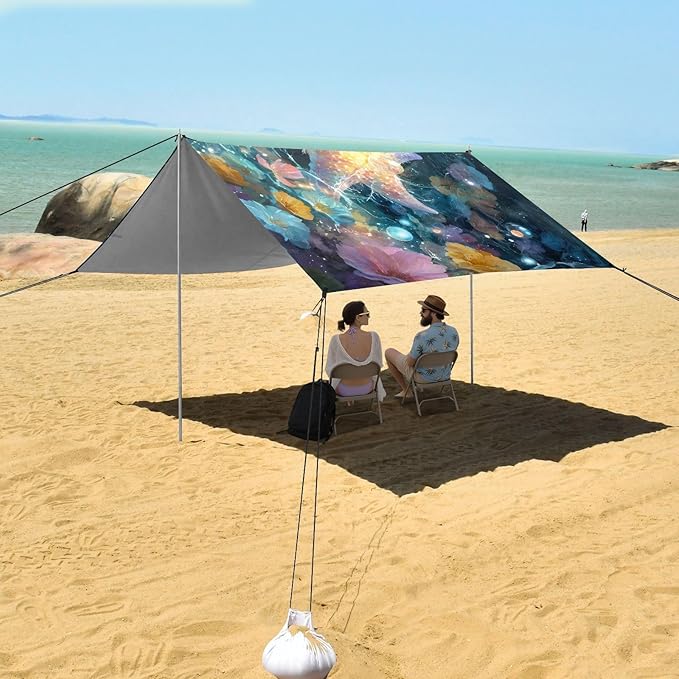 ALAZA Rainbow Starfish Flowers Beach Tent Sun Shelter UPF50+ Protection Beach Shade Canopy w/ 4 Sandbags for Outdoor Camping Fishing Backyard Fun Picnic 10x9 ft