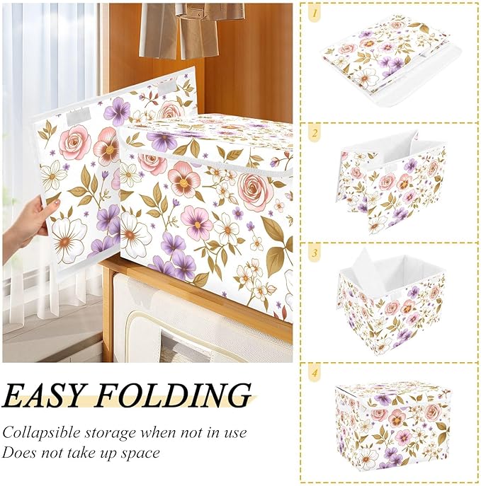 ALAZA Flower Pink 1 Storage Bins Organizer Box Baskets Lidded Clothes for Shelves Closet Collapsible Stackable Storage Cubes Handles