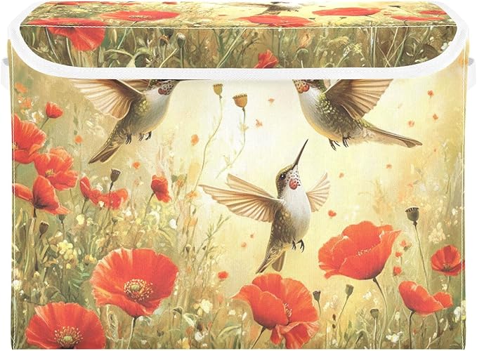 Collapsible Storage Bins with Lids Decorative Fabric Storage Cubes Closet Organizer and Storage Basket Boxes Containers for Clothes Box Chest Nursery Folding Rectangle Yellow Hummingbirds and