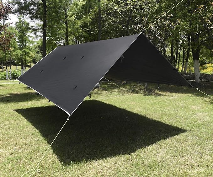 Gold Armour Rainfly Tarp Hammock Premium 14.7ft/12ft/10ft/8ft Rain Fly Cover Waterproof Ultralight Camping Shelter Canopy Survival Equipment Gear Camping Tent Accessories (Black 14.7ft x 12ft)