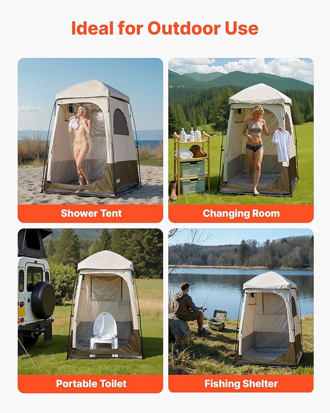 VEVOR Camping Shower Tent 1 Room Foldable Privacy Tent Changing Room with Ground Stakes Ropes Carry Bag and Crossbar 210D Oxford Fabric with Silver Coating for Camping Beach and Fishing