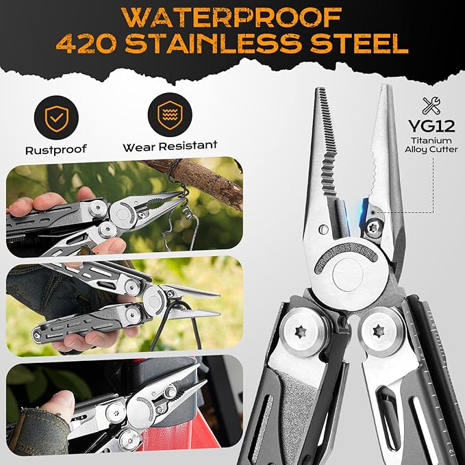 BIBURY Multitools BI2038C 22-in-1 Stainless Steel Pocket Knife with Scissors Foldable Self-locking EDC Multi tools Pliers with Sheath for Outdoor Hunting Survival Camping Simple Repair