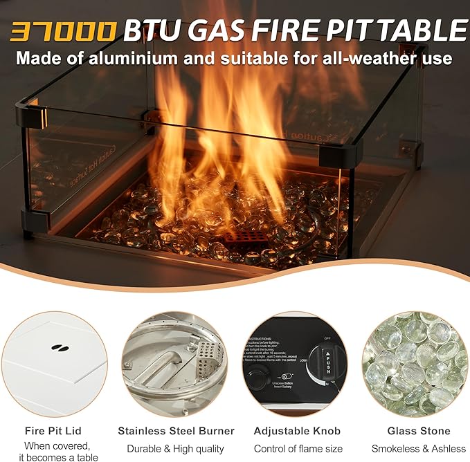 22 Aluminum Propane Fire Pit Table 37000 BTU Outdoor Gas Firepit with Lid Glass Wind Guard Waterproof Cover &amp Glass Stones for Patio Deck Garden 3-in-1 Tabletop Design Brown