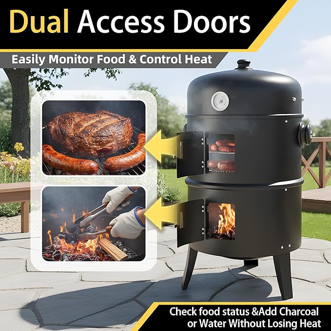 16 Inch Charcoal Smoker 3-in-1 Meat Smoker Grill with Thermometer &amp Dual Cooking Racks Portable Outdoor BBQ Smoker with 2 Access Doors Easy to Clean for Backyard Camping &amp Parties