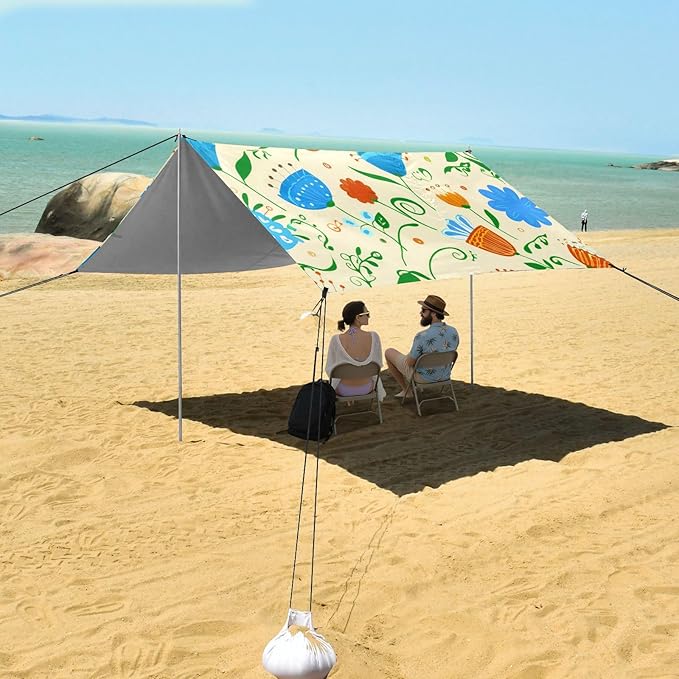 Beach Canopy with Windproof Ropes &amp Sandbags Beach Tent Sun Shade Sun Shelter for Camping Trips Fishing Backyard Fun or Picnics Flowers