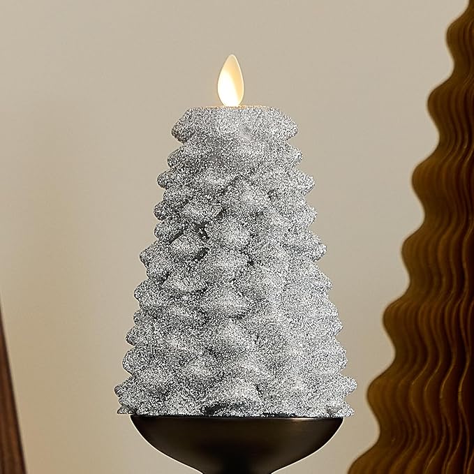Luminara Brilliant Silver Glitter Flameless LED Candle North Tree Moving Flame Pillar (3.8 x 6)