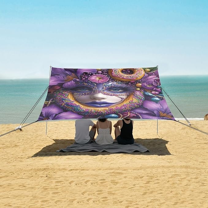 Irises Beads Mask Doughnut Hat Mardi Gras Foldable Beach Canopy UPF50+ Protection Waterproof Portable Sun Shelter with Sand Pockets for Family Trips Picnics &amp Camping