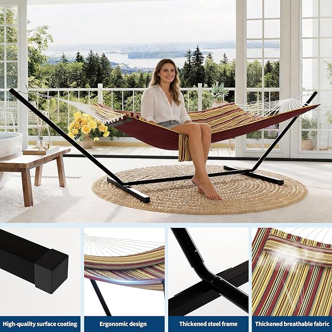 2 Person Double Hammock with Stand &amp Pillow 450 LBS Heavy Duty Outdoor Hammock with Balance Rope for Patio Backyard Poolside