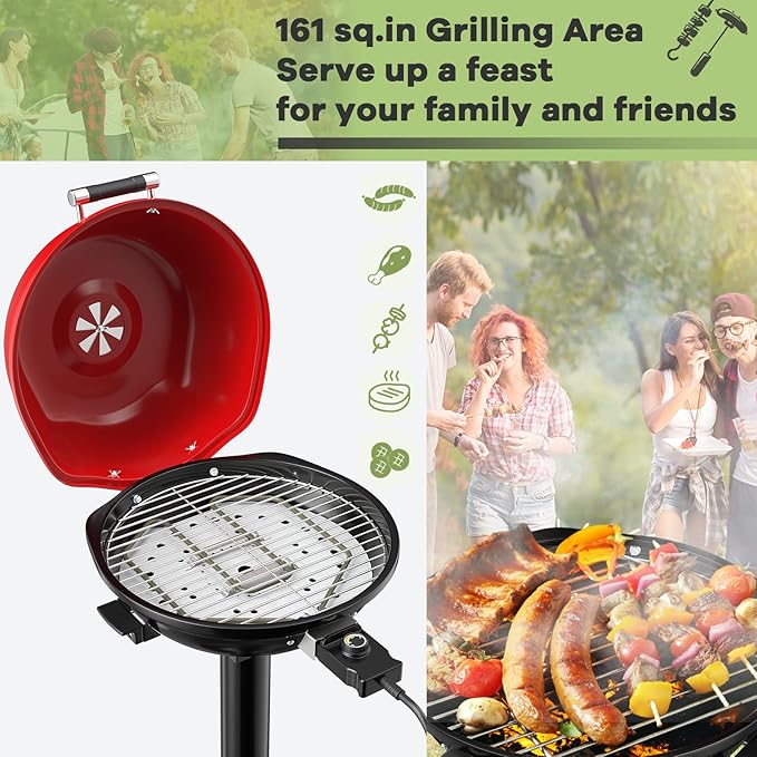 1600W Electric Grill Outdoor 15-Serving Freestanding Camping Grill w/Removable Non-Stick Grilling Rack Oil Drip Tray Temperature Adjustable Portable BBQ Grill for Patio Backyard (Red)