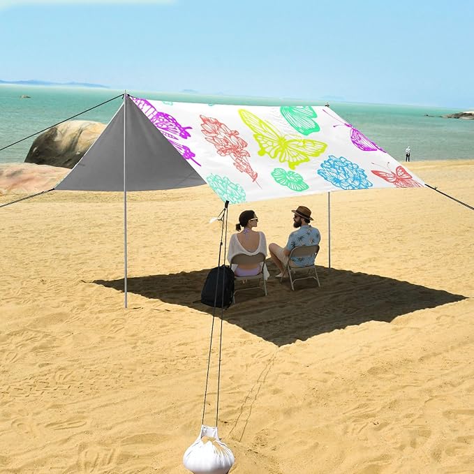 xigua Butterfly Beach Tent Sun Shelter with Carrying Bag - Silver Coated Oxford Fabric Beach Canopy for Beach Camping Fishing - Includes Windproof Ropes Sandbags &amp Stakes