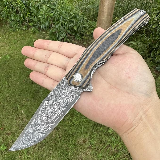 Damascus Steel Folding Pocket Knife 3.74 VG10 Blade for Men and Women Two-Tone G10 Handle EDC Knife with Liner Lock for Outdoor Survival Camping Collection Hunting