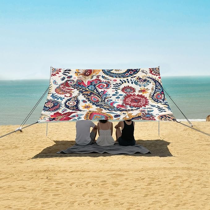 ALAZA Paisley Flower Ethnic Beach Tent Sun Shelter UPF50+ Protection Beach Shade Canopy w/ 4 Sandbags for Outdoor Camping Fishing Backyard Fun Picnic 10x9 ft