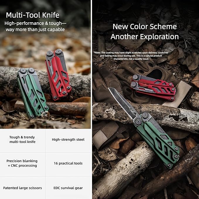 Multitool 16-in-1 Full-Size Lightweight EDC Multi-Purpose Pliers Pocket Knife Scissors Tactical Gear Tools Gifts for Guys Equipment for Emergencies Hiking and Outdoor Camping (Green)