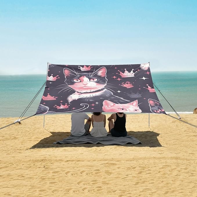 ALAZA Cat Kitten Crown Beach Tent Sun Shelter UPF50+ Protection Beach Shade Canopy w/ 4 Sandbags for Outdoor Camping Fishing Backyard Fun Picnic 10x9 ft