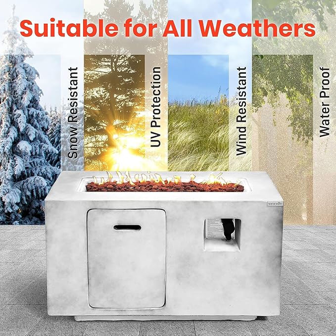 SereneLife Concrete Outdoor Propane Fire Pit Table - CSA/ETL Certified Safe 50000BTU Pulse Ignition Weatherproof Square Propane Gas Fire Table - Adjustable Flame Thermocouple - PVC Cover