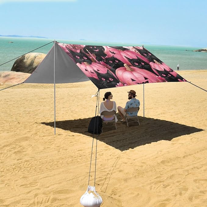 ALAZA Pink Pumpkins Black Cats Halloween Beach Tent Sun Shelter UPF50+ Protection Beach Shade Canopy w/ 4 Sandbags for Outdoor Camping Fishing Backyard Fun Picnic 10x9 ft
