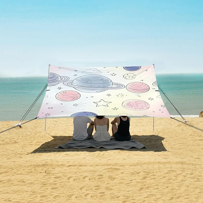 Beach Canopy with Windproof Ropes &amp Sandbags Beach Tent Sun Shade Sun Shelter for Camping Trips Fishing Backyard Fun or Picnics Planet