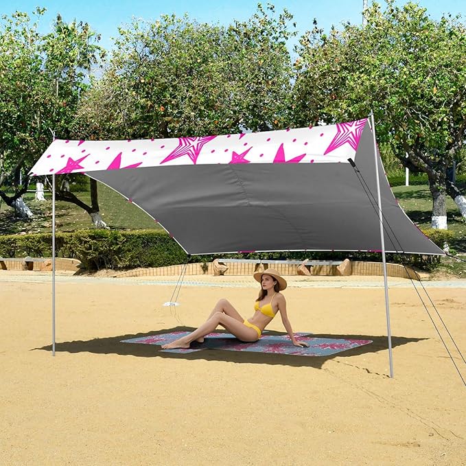 xigua Stars Beach Tent Sun Shelter with Carrying Bag - Silver Coated Oxford Fabric Beach Canopy for Beach Camping Fishing - Includes Windproof Ropes Sandbags &amp Stakes