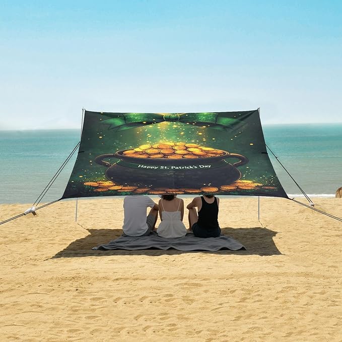 St Patrick's Day Coin Pot Beach Tent Sun Shelter Set UPF50+ UV Protection 10.5 x 9.19 FT Camping Shade Canopy with Sandbags Sand Anchors Carrying Bag and Others