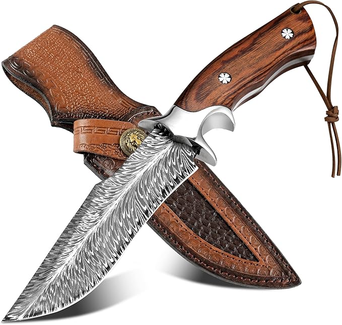 Hunting Knife with 4Cr13MoV Steel Blade &amp Wooden Handle - 10” Full Tang Fixed Blade for Outdoor Survival Camping BushcraftIncludes Leather Sheath