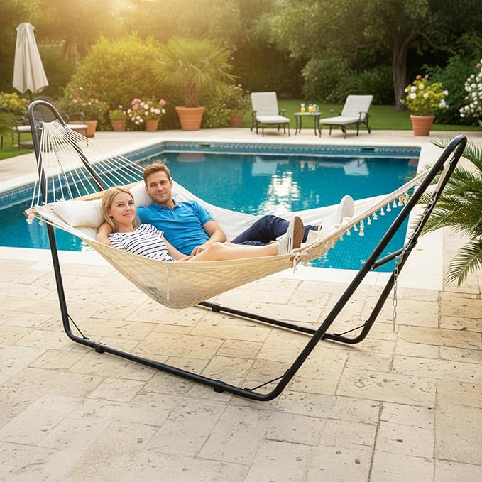 ONCLOUD Hammock with Stand for Outsides Heavy Duty Adjustable Double Hammock Set All-in-one Use Hammock with Stand for Outdoors Patio Garden Yard 550 LBS(White Set)