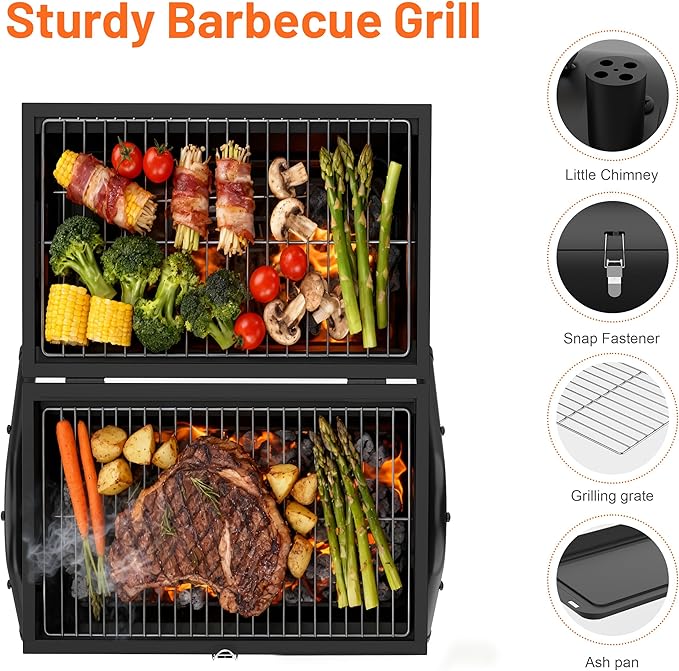 Portable Charcoal Grill with Warming Rack Wooden Handle Tabletop BBQ Grill for Outdoor Barbecue Camping Picnic Backyard Patio Black