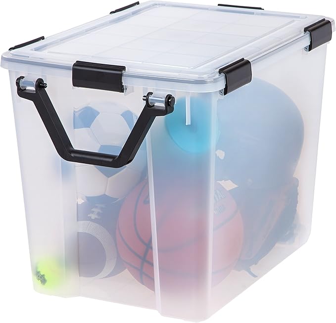 IRIS USA WeatherPro 103 Qt Storage Bins with Lids 2 Pack BPA-Free Plastic Gasket Box with Tight Latch and Seal Stackable Nestable Tote Tub - Clear/Black
