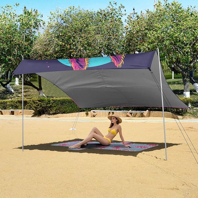 ALAZA Llama Alpaca Moon Cyberpunk Beach Tent Sun Shelter UPF50+ Protection Beach Shade Canopy w/ 4 Sandbags for Outdoor Camping Fishing Backyard Fun Picnic 10x9 ft