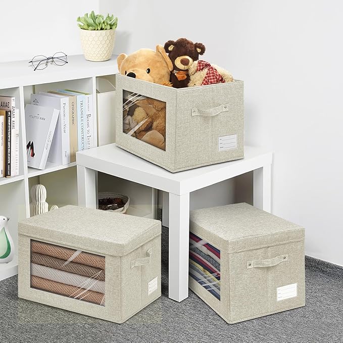 4-Pack Fabric Storage Bins with Lids Foldable Storage Boxes with Handles &amp Clear Window Closet Organizers for Clothes Books (Beige 4PCS/14.9 x 9.8 x 9.8 in)
