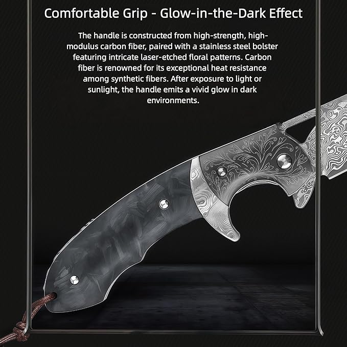 Knives Outdoor Gear Knives 67-Layer Damascus Steel Folding Knife HRC 60 Hand-Carved Vegetable-Tanned Leather Sheath Carbon Fiber Handle Folding Knife Gift Ideas for Men
