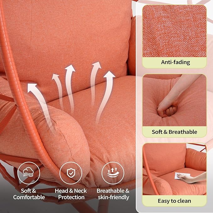 Hanging Egg Chair with Stand Outdoor Indoor Patio Rattan Swing Hammock Chairs with Washable Cushion 350lbs Capacity PE Wicker Swing Chair for Backyard Bedroom Garden (Orange + Orange Cushion)