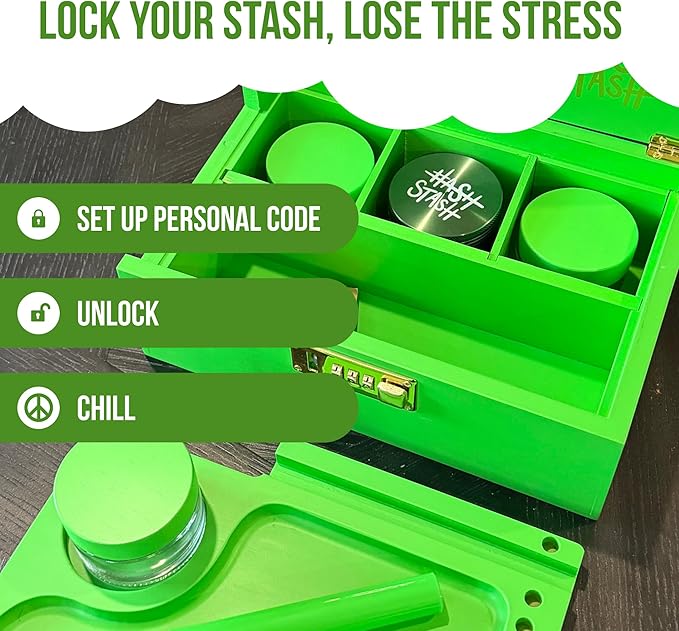 HASHSTASH The OG Storage Box - Large Bamboo Box with Combination Lock Magnetic Lid Organizer Tray Airtight Tube and 3 Jars - Discreet Decorative Locking Wooden Box with Accessories (Neon Green)