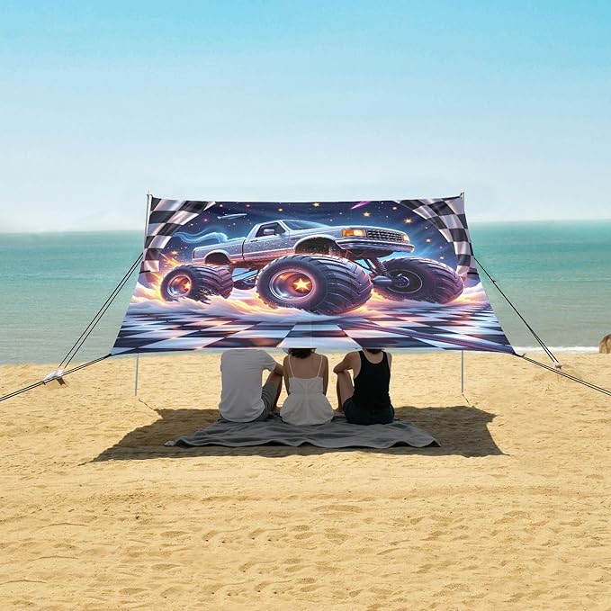 ALAZA Monster Truck Checkered Beach Tent Sun Shelter UPF50+ Protection Beach Shade Canopy w/ 4 Sandbags for Outdoor Camping Fishing Backyard Fun Picnic 10x9 ft