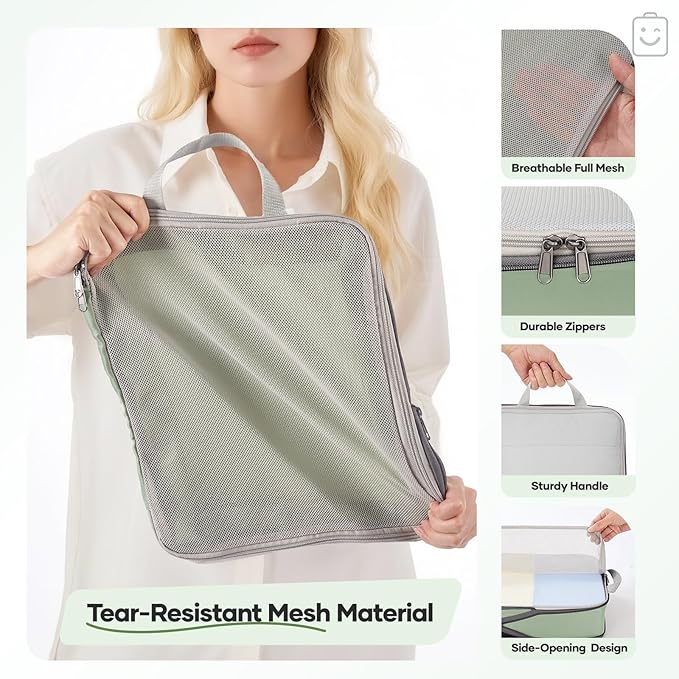 Veken 11 Set Compression Packing Cubes for Travel EssentialsCompressible Expandable Large Luggage Suitcase Organizer Bags for ClothingDurable Space Saver Storage Bags(Matcha Green)