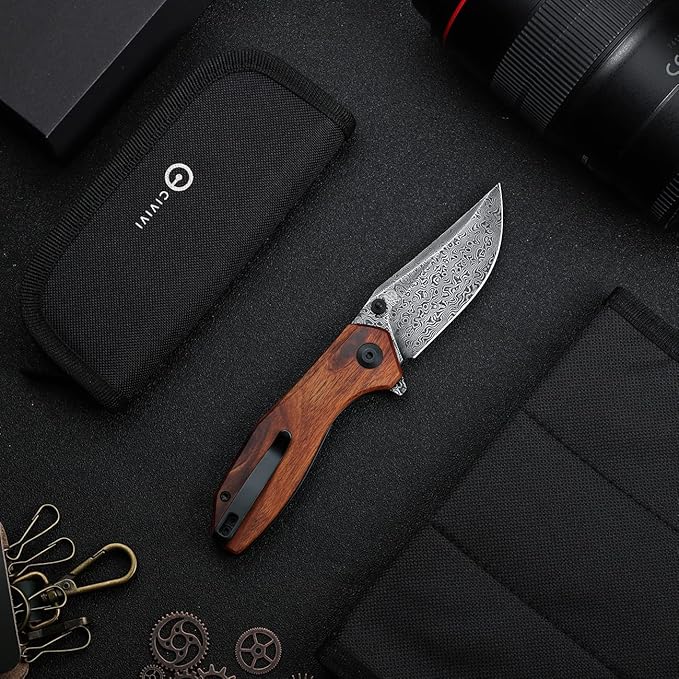 CIVIVI ODD 22 Pocket Knife for EDC Tuffknives 2.97 Damascus Blade Cuibourtia Wood Handle with Thumb Stud &amp Reversible Clip Folding Knife for Utility Hiking Camping Fishing Outdoor C21032-DS1