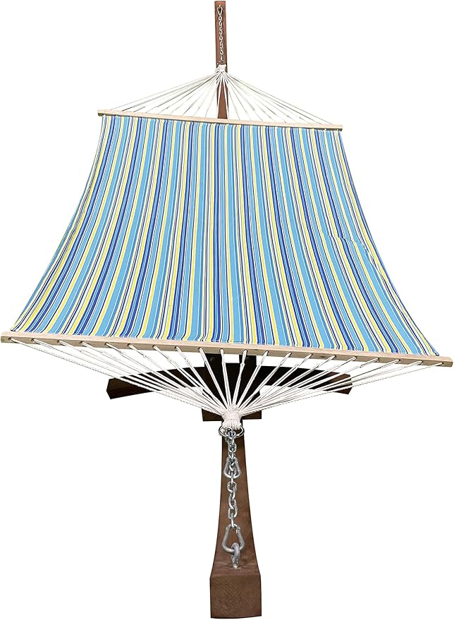 14 Ft. Water Treated Wooden Arc Hammock Stand + Premium Quilted Double Padded Hammock Bed. 2 Person Bed.450 LB Capacity(Teak Stain/Teal &amp Yellow Stripe)