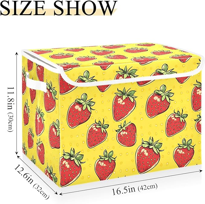 Cartoon Strawberry Storage Cube Bins Basket with Lid Collapsible Flip-top Fabric with Handle for Home Bedroom Closet Office 16.5×12.6×11.8 in