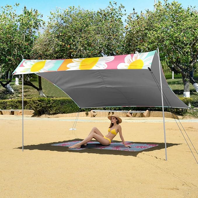 Beach Canopy with Windproof Ropes &amp Sandbags Beach Tent Sun Shade Sun Shelter for Camping Trips Fishing Backyard Fun or Picnics Daisy