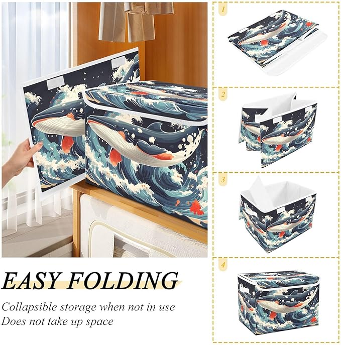 Storage Cube with Lid Japanese Whale Print 16.5×12.6×11.8 IN 1 Pack Collapsible Large Capacity Foldable Storage Basket Bin Organizer