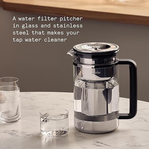 Aarke Purifier - Premium Glass and Stainless Steel Water Filter Pitcher Refillable Filter System and Granules 2.8L Pitcher with 1.66L Filtration Capacity